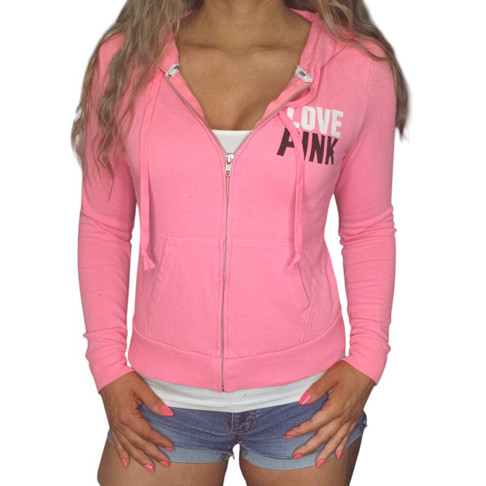 Victorias Secret Pink Sweater Womens XS Neon Pink Florescent Full Zip Sweatshirt